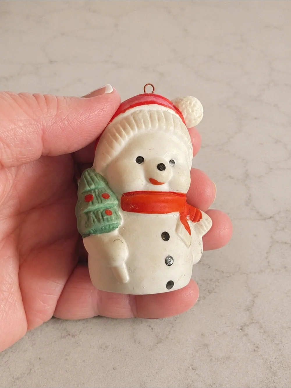 Vintage Style Set of 2 Mini Snowman Christmas Ornaments Red Hats Holiday Decor